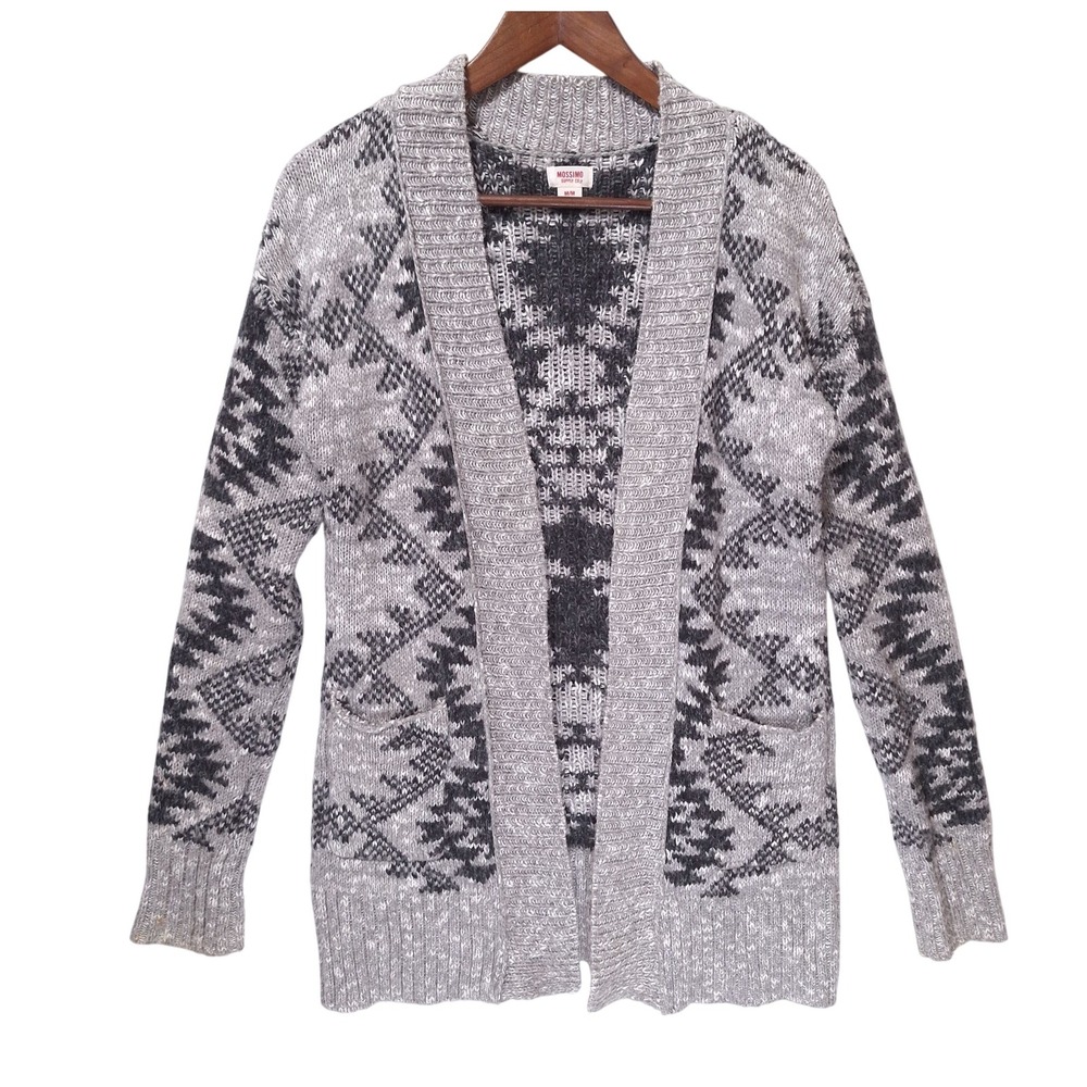 Mossimo Geometric Fair Isle Cardigan Sweater Women M Open Front Knit Gray Boho - Picture 1 of 11